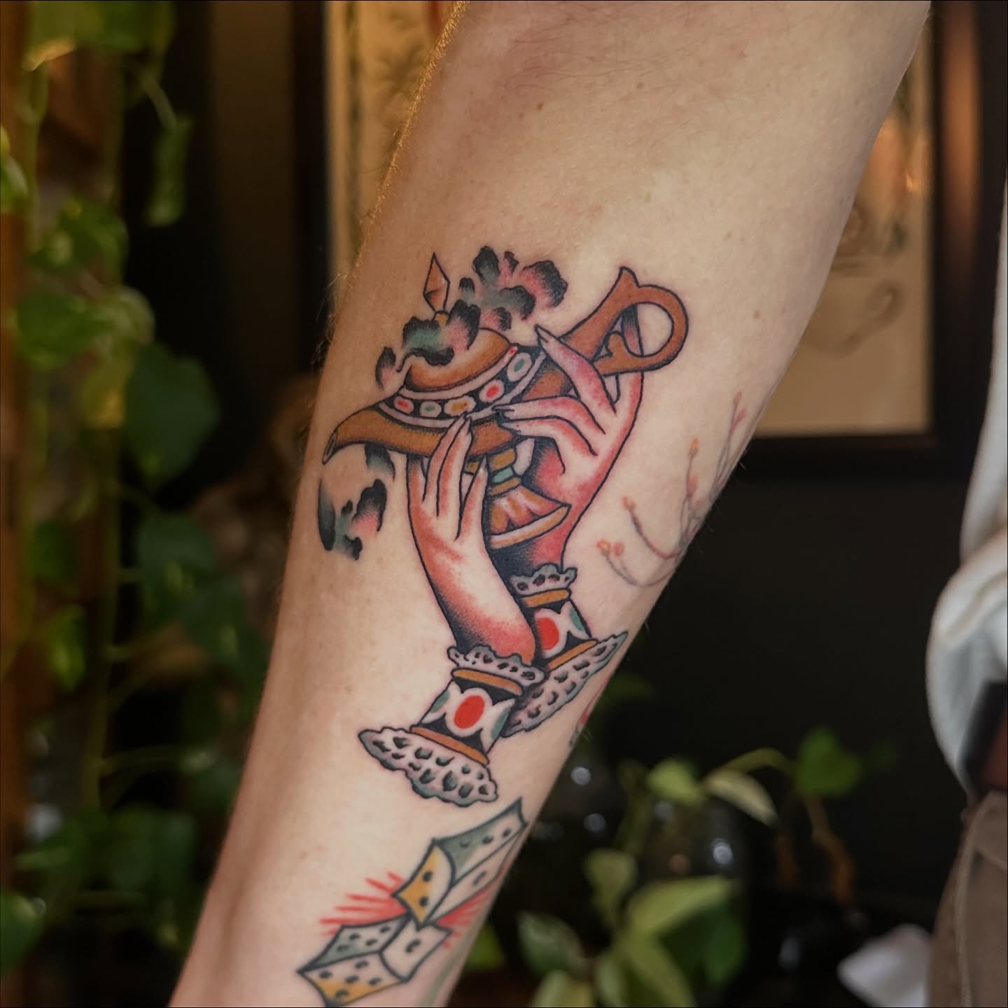 Dancer with crown American traditional tattoo on the forearm by Max Peterson