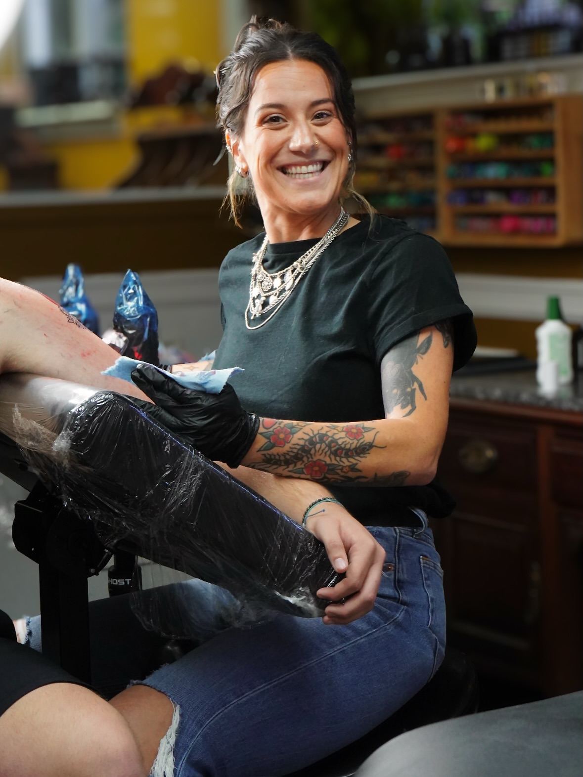 Floral design black and grey tattoo on the leg by Perrey
