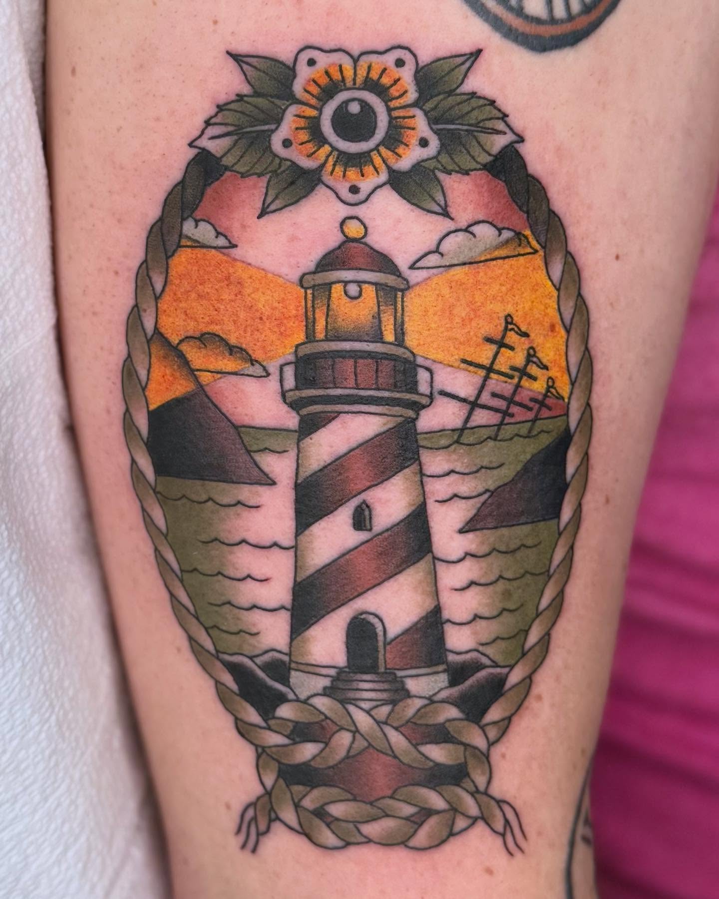Lighthouse American traditional tattoo on the forearm by Curtis Stairs, Seattle, Washington