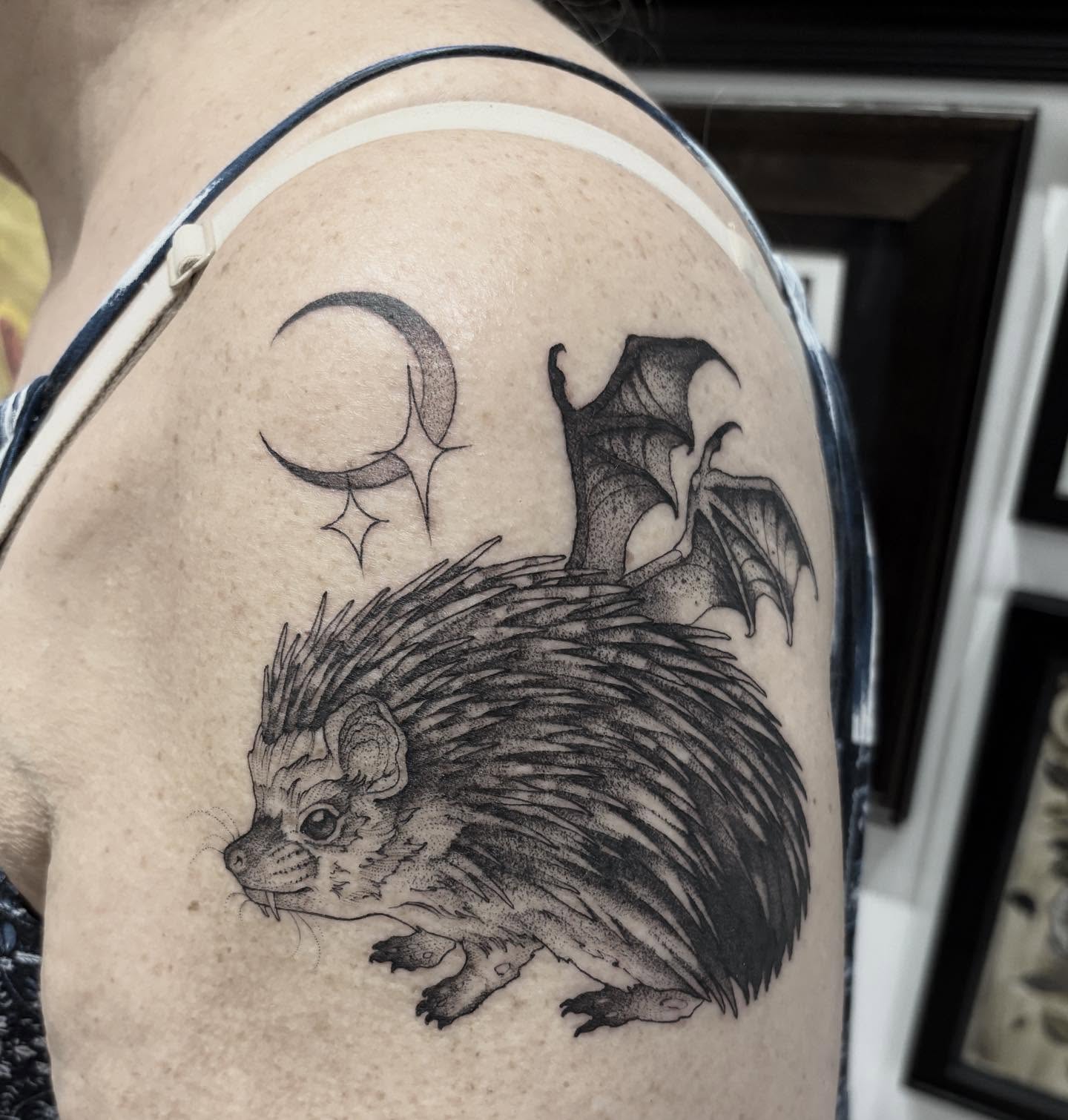 Porcupine black and grey tattoo on the shoulder by Becci Chelicerata