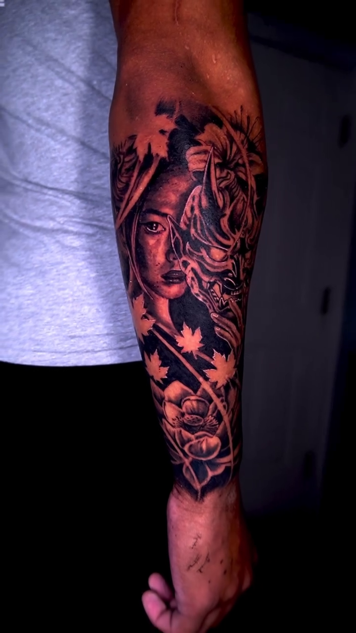 Woman and tiger with maple leaves realism tattoo by Greg Petrali