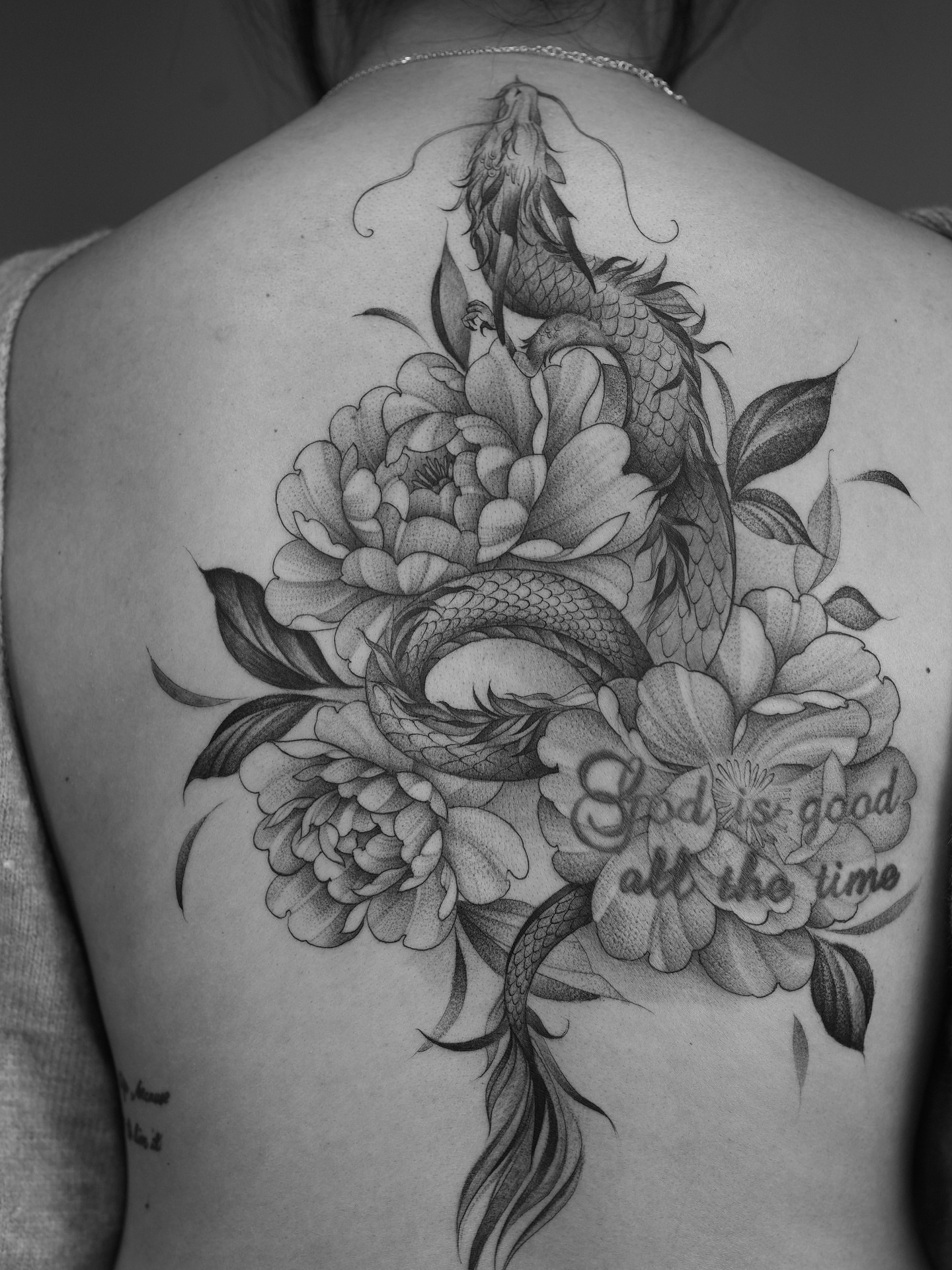 Dragon and peony realism tattoo on the back by X