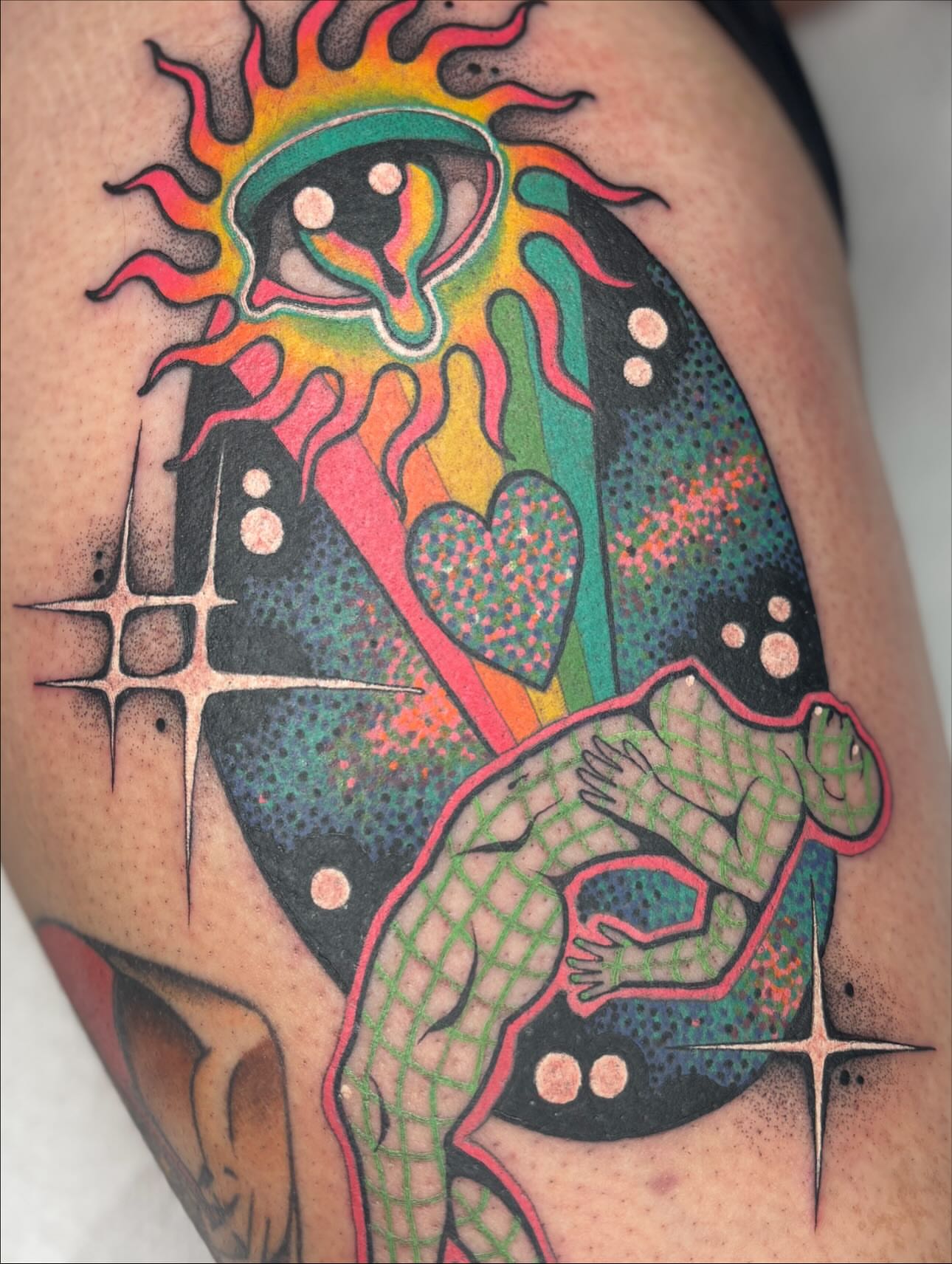 Astronaut and heart dotwork tattoo on the thigh by Carly Zehring