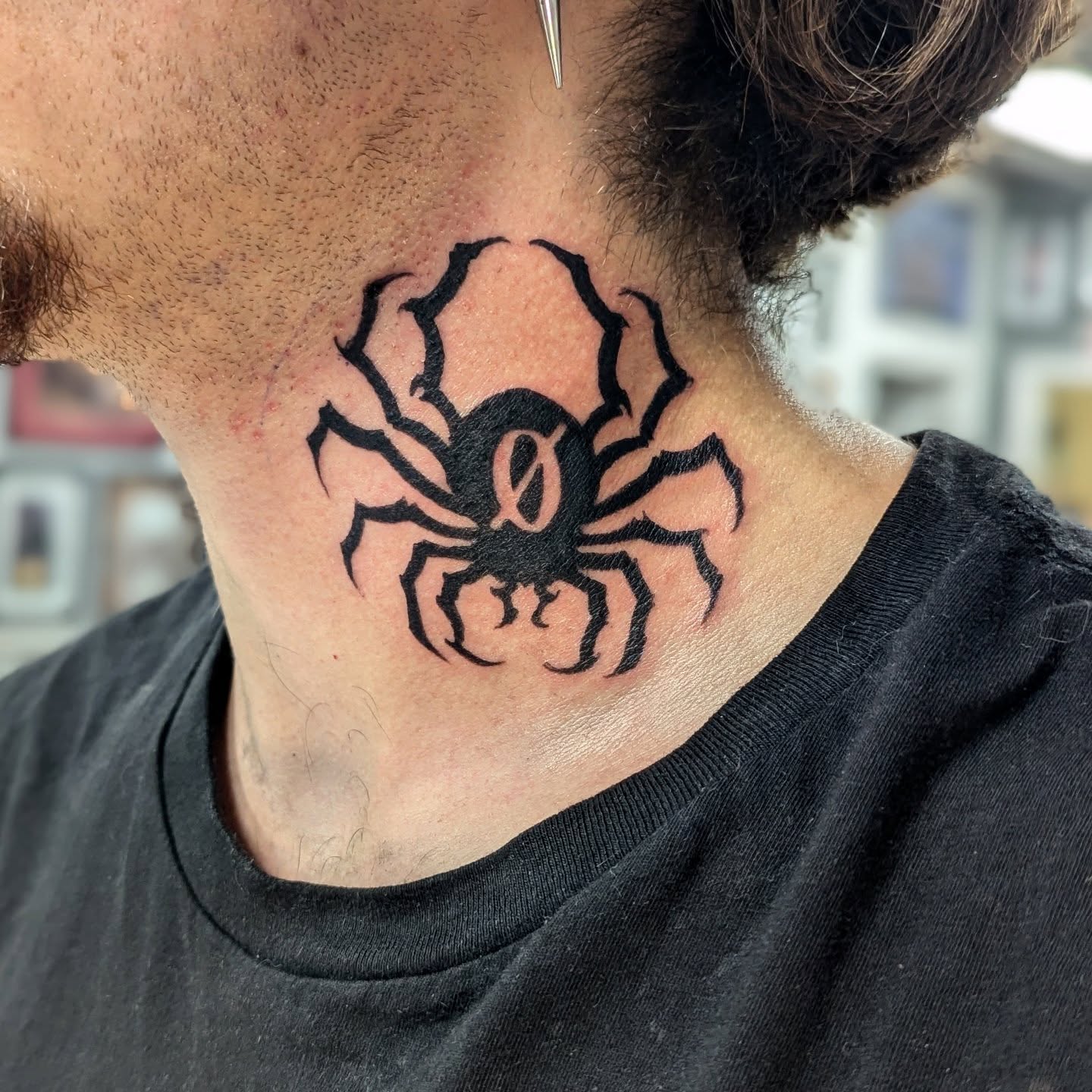 Spider black and grey tattoo on the neck by DONEL 📍Denver