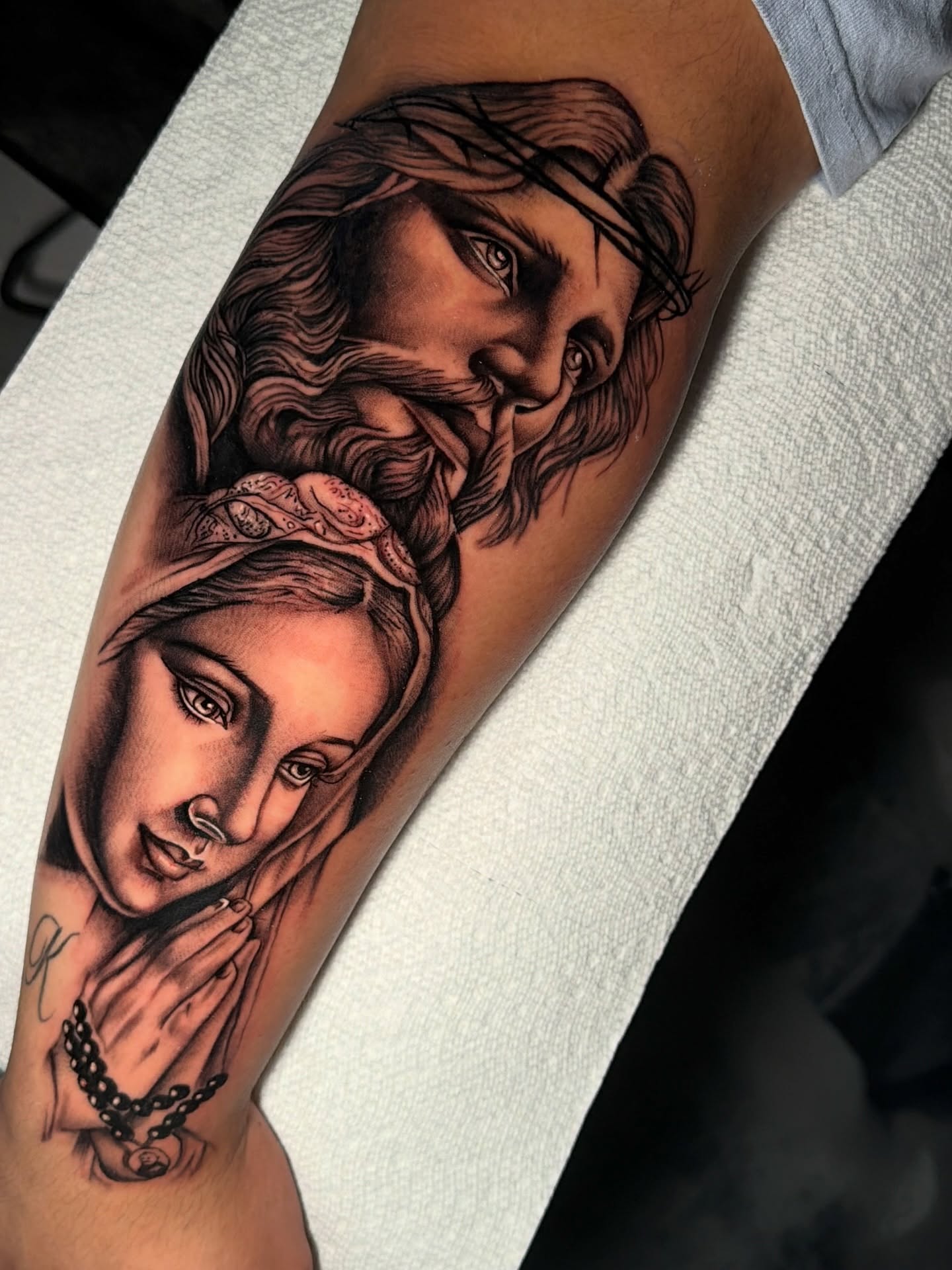 Religious figures realism tattoo on the forearm by ๐ธ๐๐๐.๐ฎ๐, Los Angeles, California