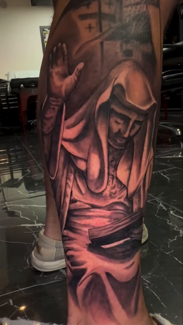 Figure with outstretched hand realism tattoo by Danny Aceves ✨ San Diego tattoo artist