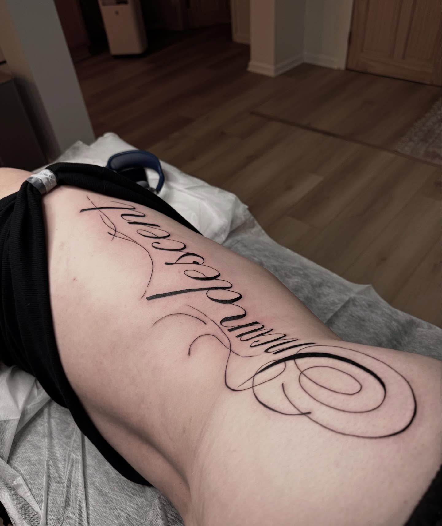 Script lettering lettering script tattoo on the thigh by 🗡Addie Kat🗡