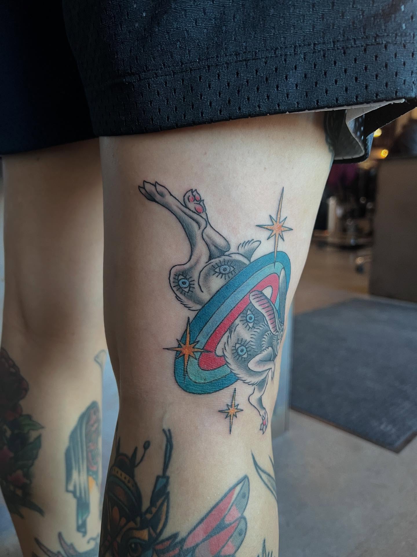 Elephant in space American traditional tattoo on the thigh by Siërra Nicole, Minneapolis, Minnesota