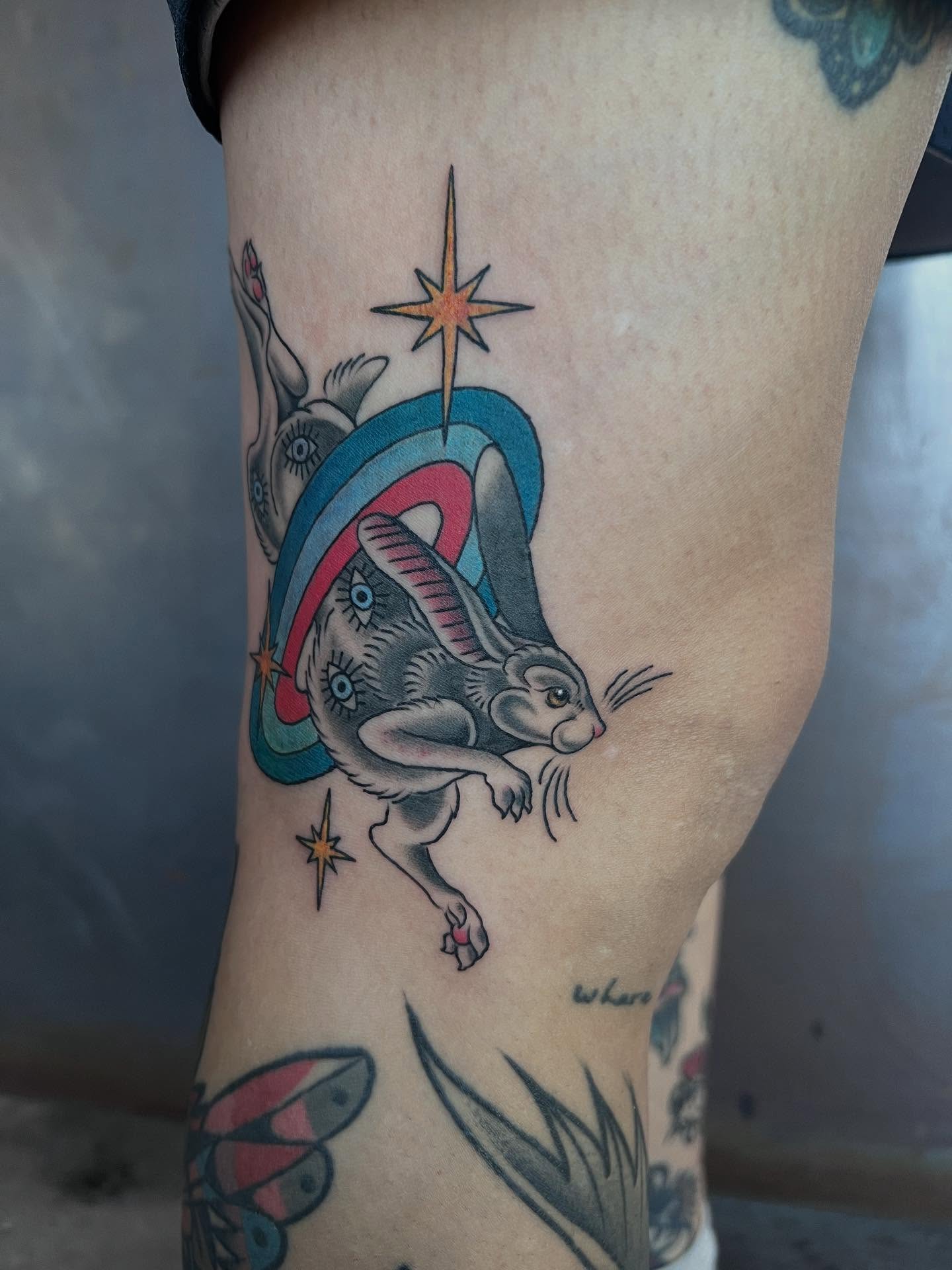 Astronaut rabbit American traditional tattoo on the forearm by Siërra Nicole, Minneapolis, Minnesota