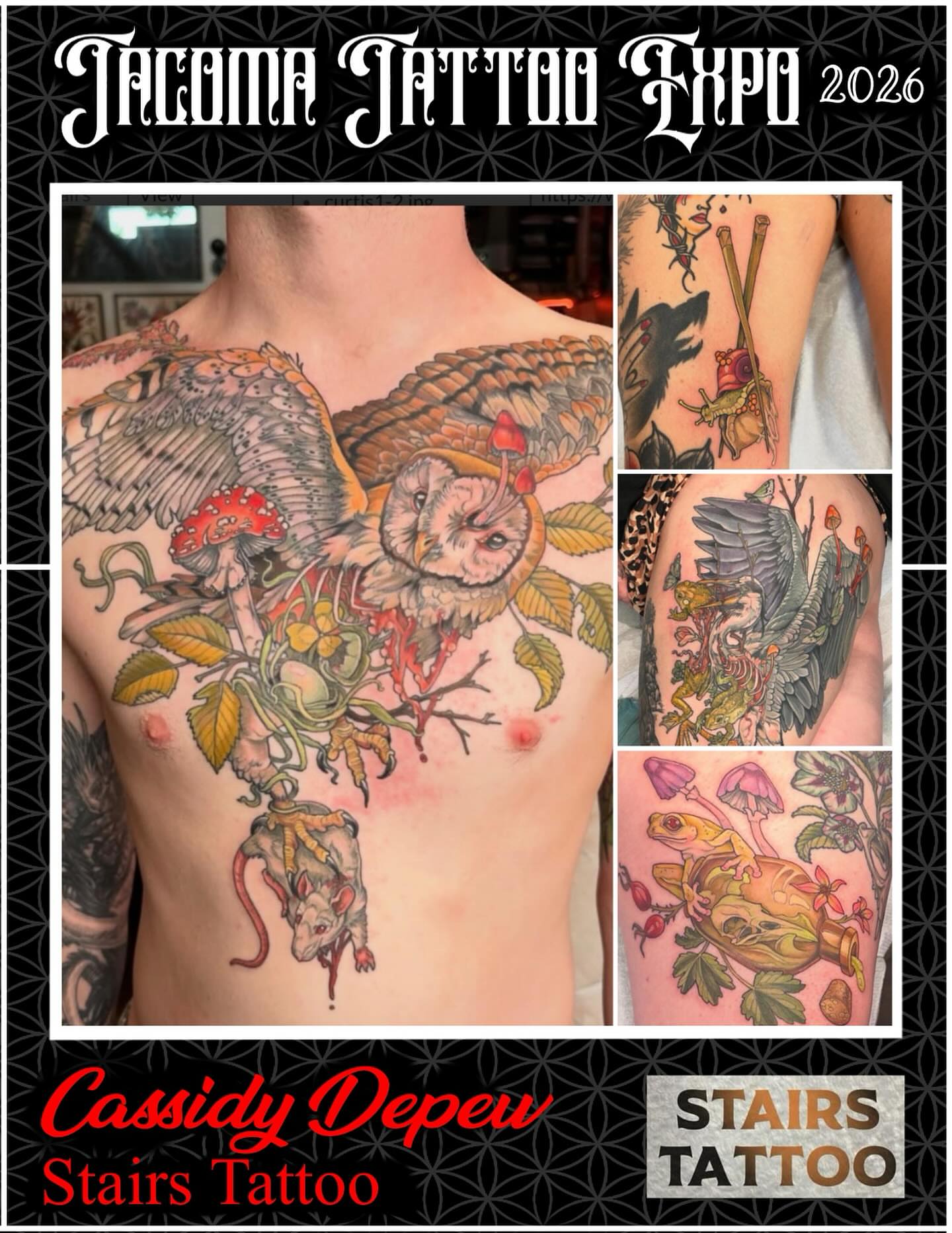 Owl and mushrooms realism tattoo on the chest by Cassidy Depew, Seattle, Washington