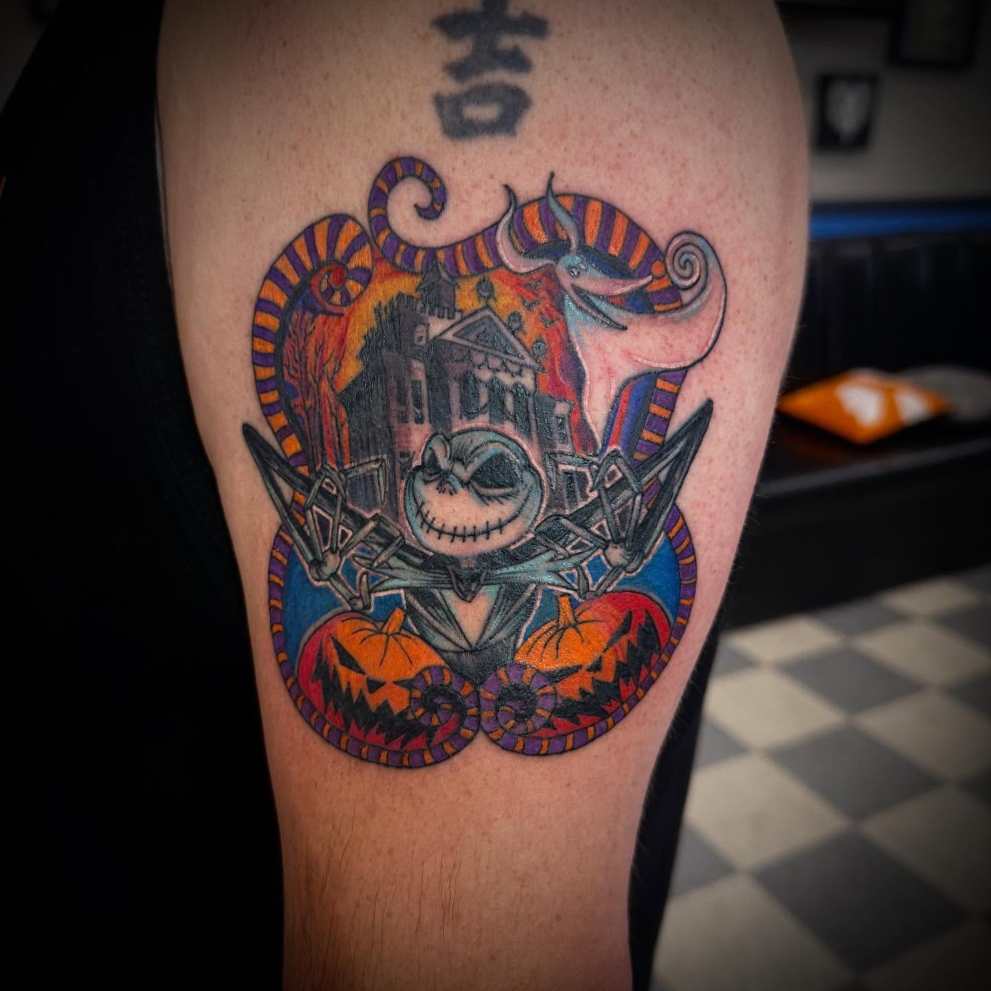 Jack Skellington dark realism tattoo on the thigh by Manny