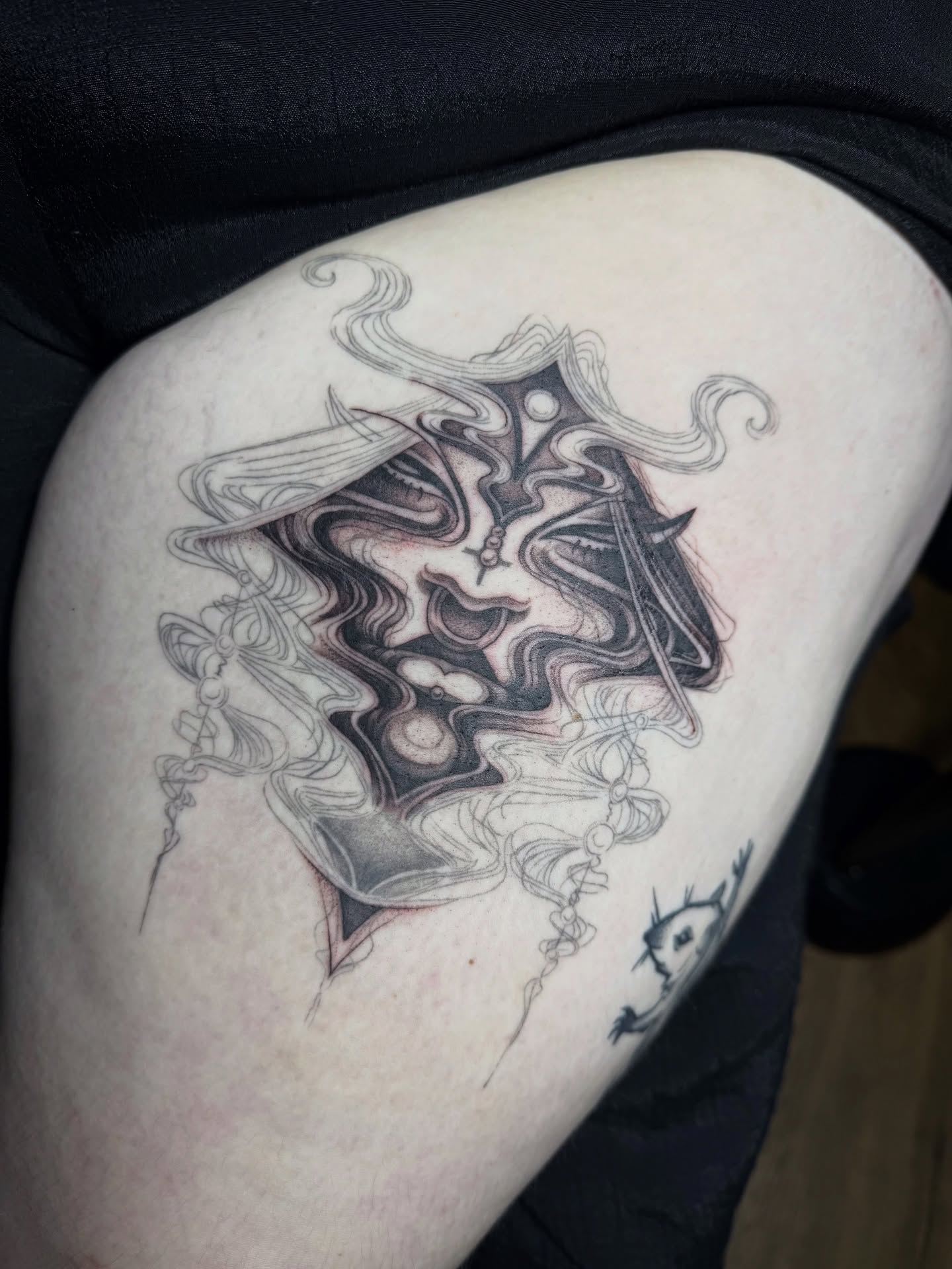 Abstract woman surrealism tattoo on the thigh by z o y a, Seattle, Washington