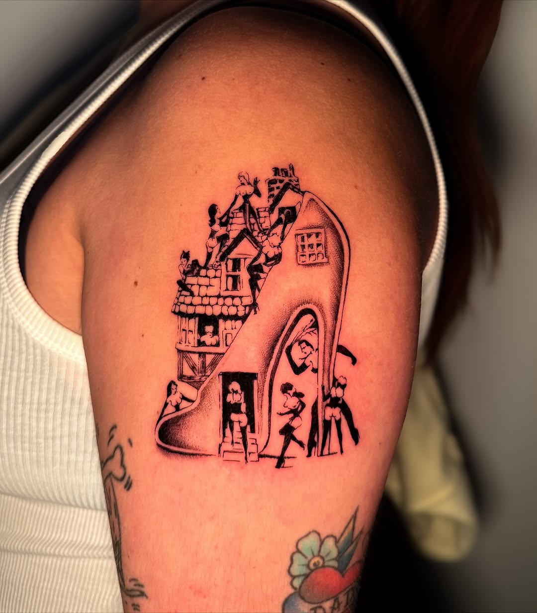 Shoe house with people fine line tattoo on the shoulder by ༺♡༻ Melia’s Dolls ༺♡༻