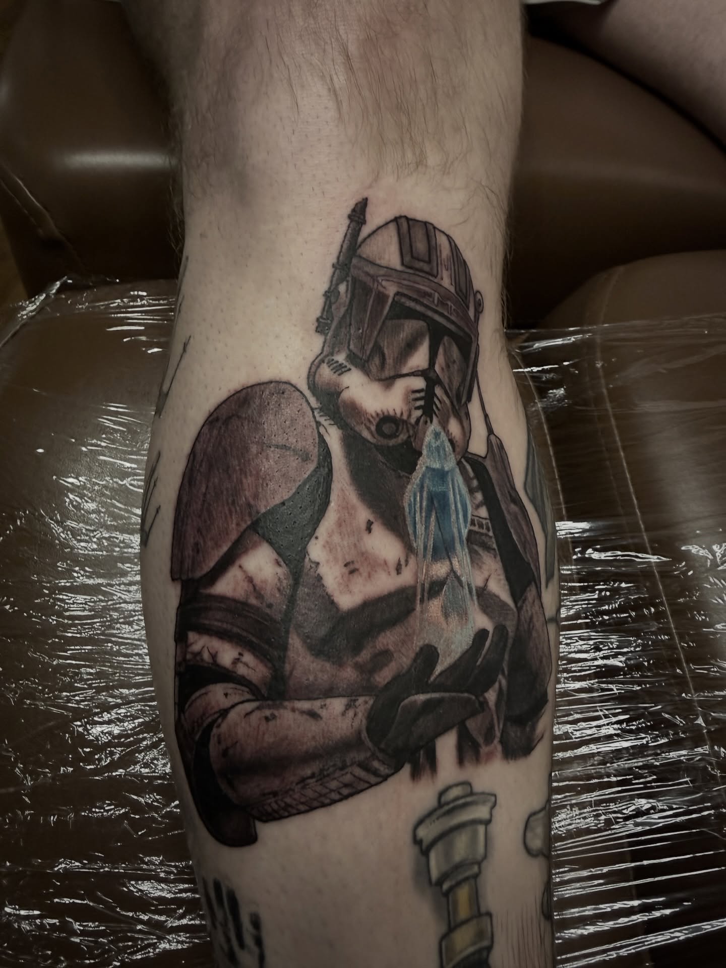 Boba fett realism tattoo on the forearm by steven