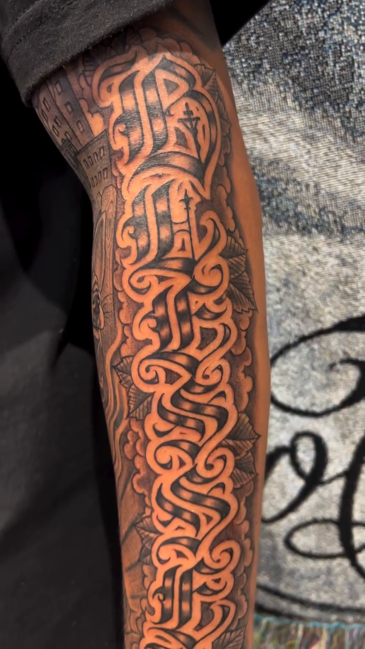 Ornamental script lettering script tattoo by F e A R