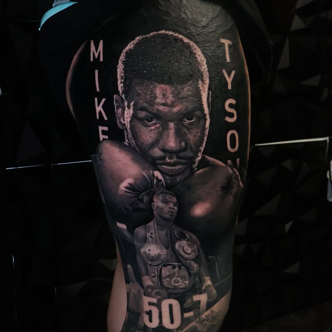 Mike Tyson portrait and boxing career realism tattoo on the forearm by Angels tattoo