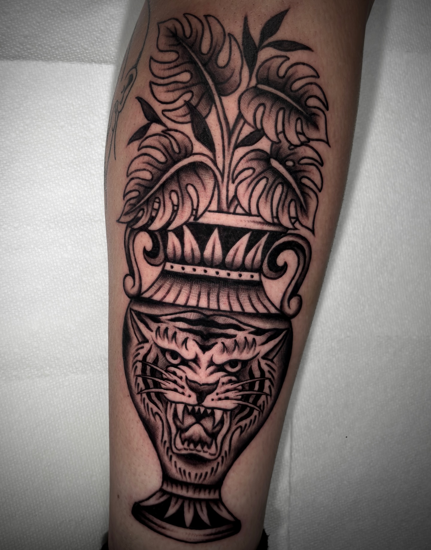 Tiger head with crown American traditional tattoo on the forearm by Matt Elliott, Murfreesboro, Tennessee