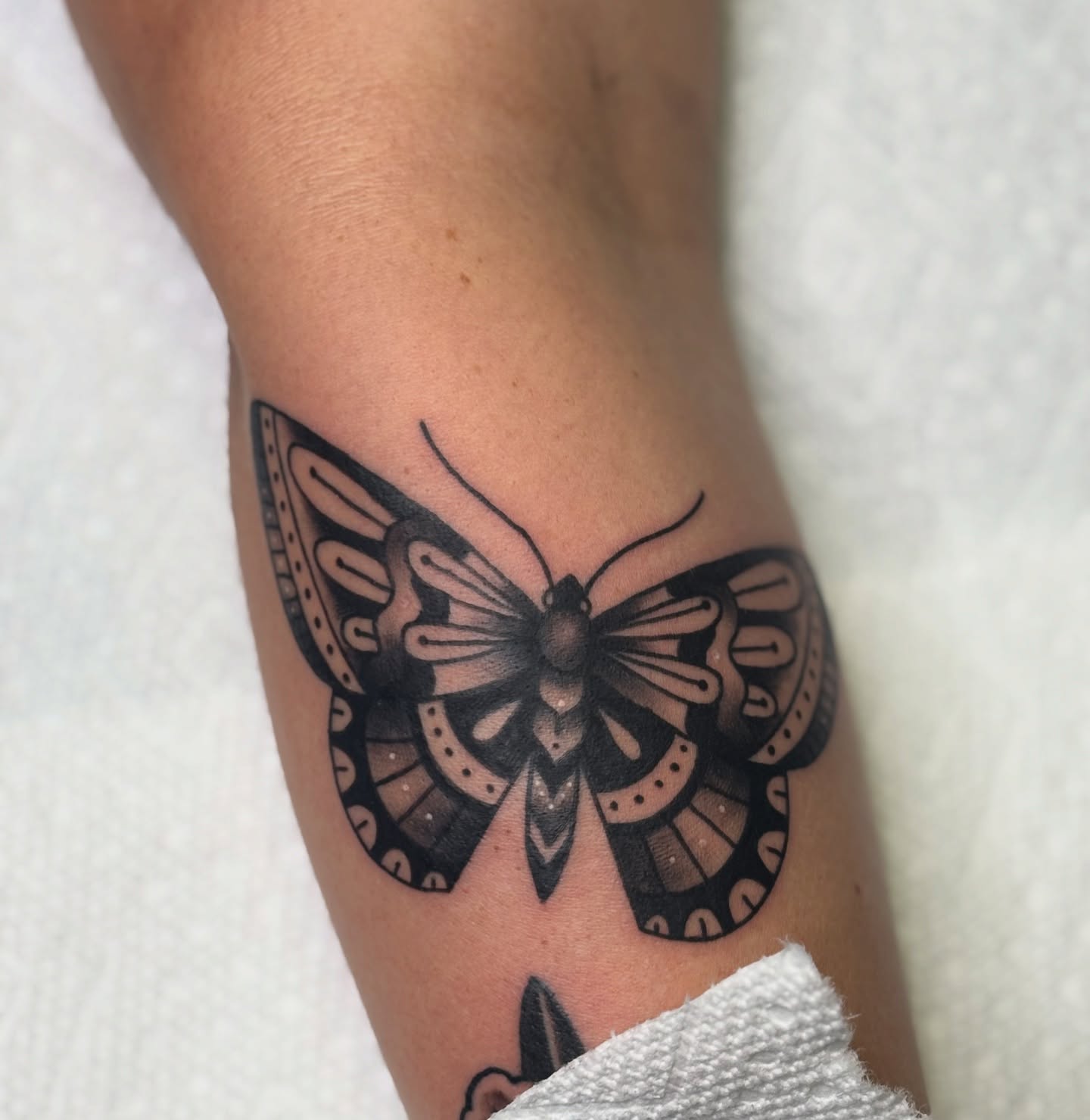 Butterfly black and grey tattoo on the forearm by MJ Saunders