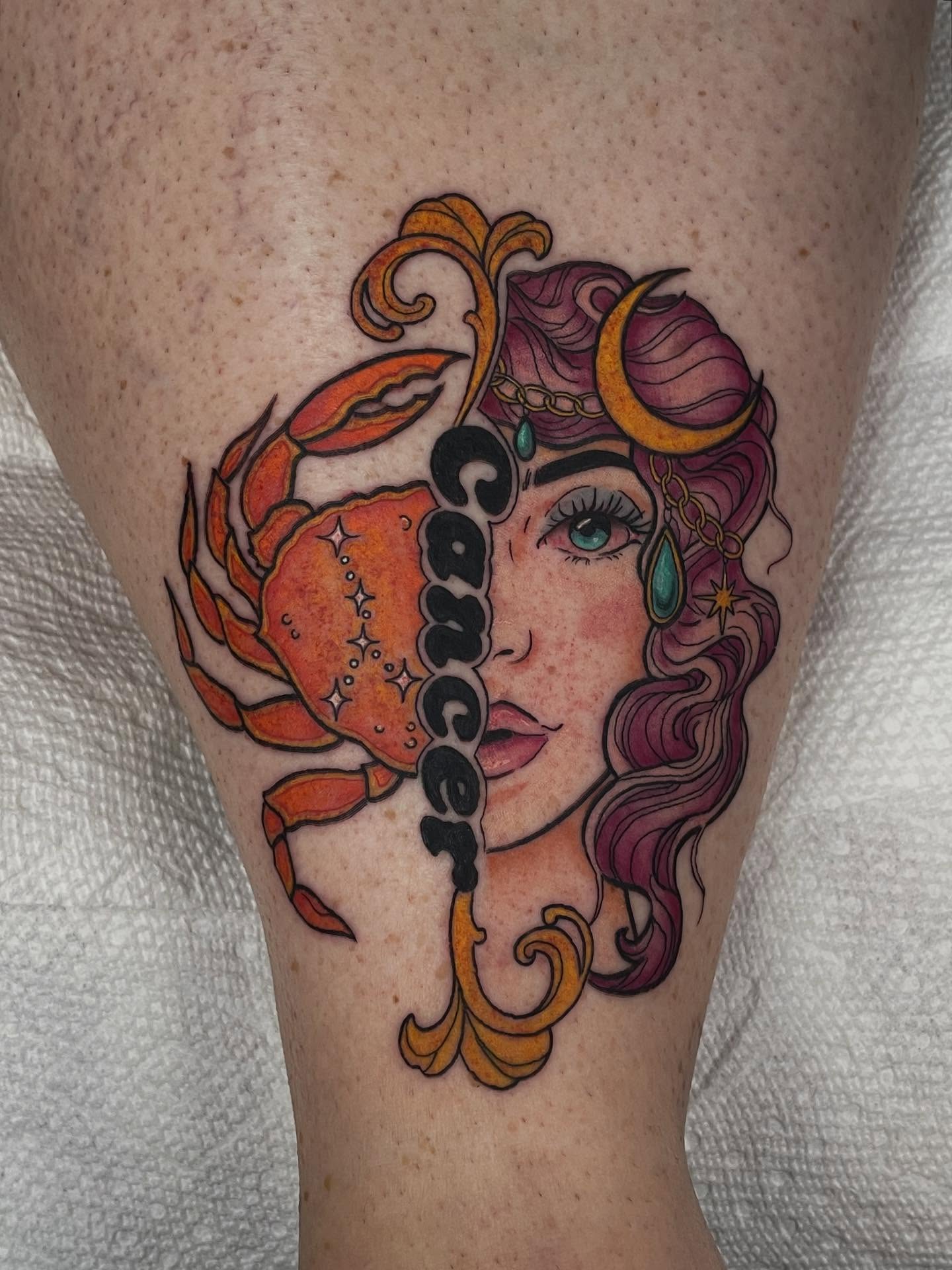 Cancer crab woman new school tattoo on the thigh by ✦ 𝐊𝐚𝐢𝐭 ✦