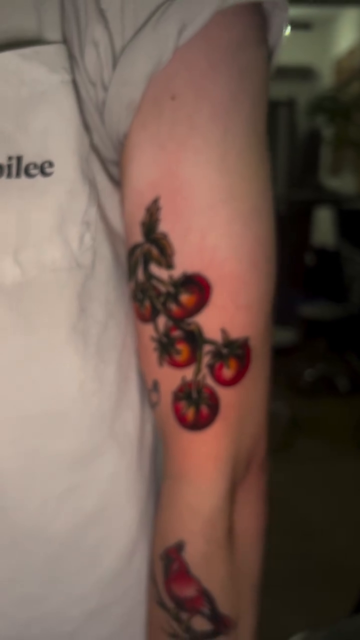 Tomato vine tattoo on the forearm by Olivia Marie