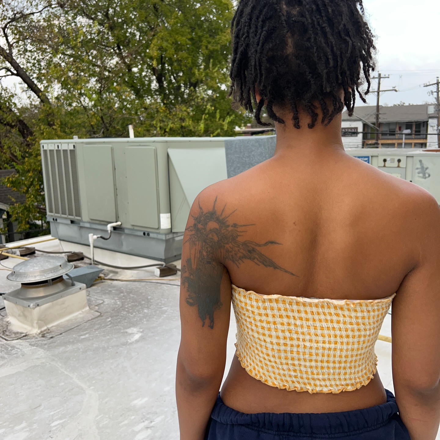 Sun and bird black and grey tattoo on the back by syiko ☆ 。・:*˚:✧。, Austin, Texas