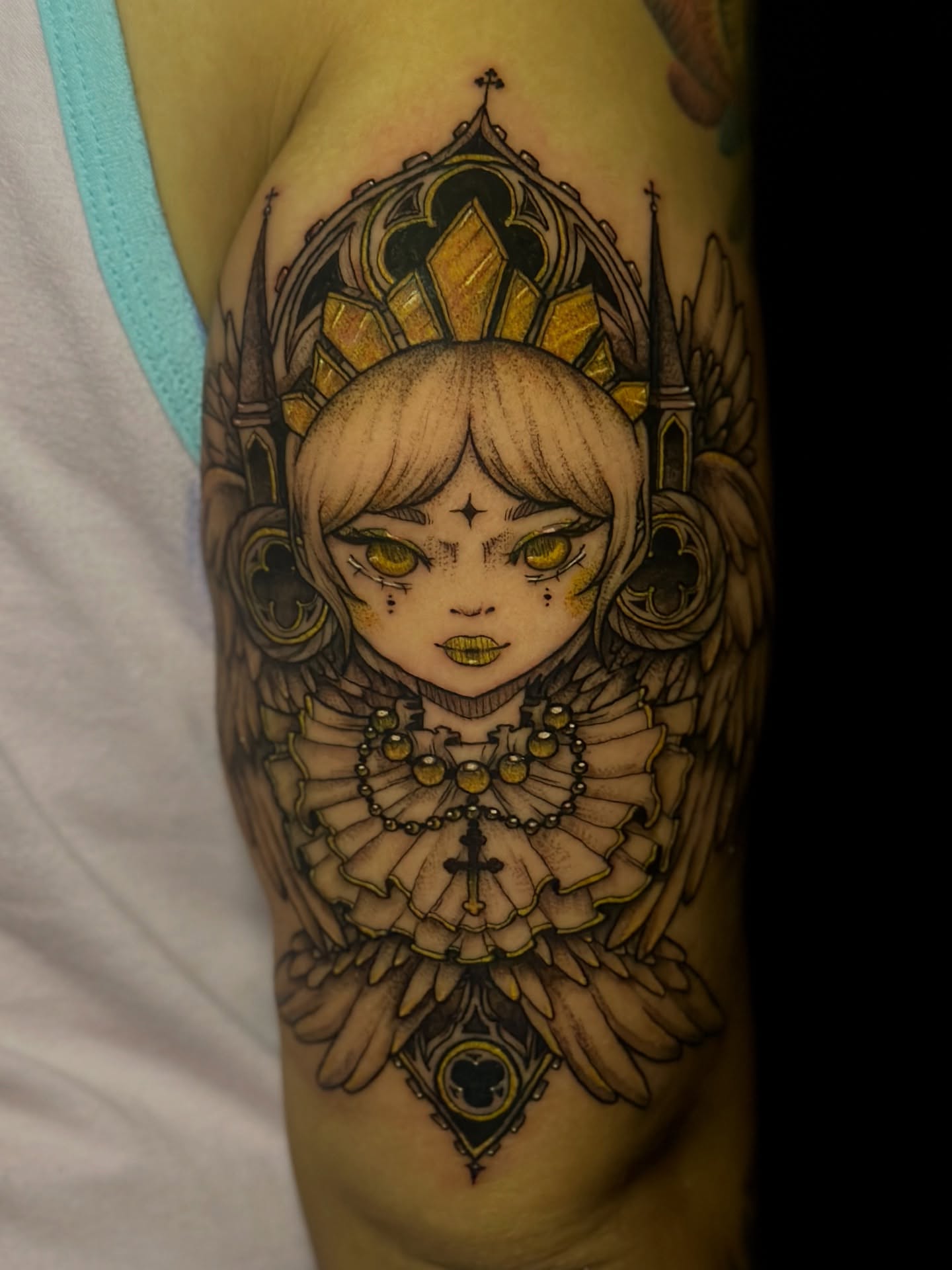 Angelic girl illustrative tattoo on the forearm by Sabrina, Harrison, New Jersey