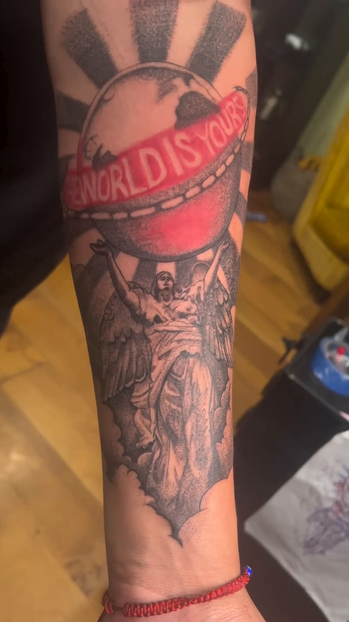 Atlas holding the world realism tattoo on the forearm by zion