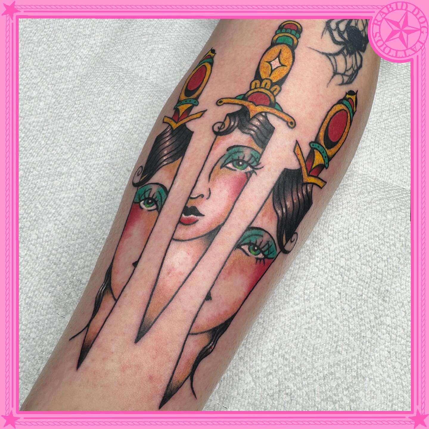 Woman's face American traditional tattoo on the forearm by 𝕷𝖊𝖝𝖎 𝕽𝖚𝖓𝖞𝖔𝖓