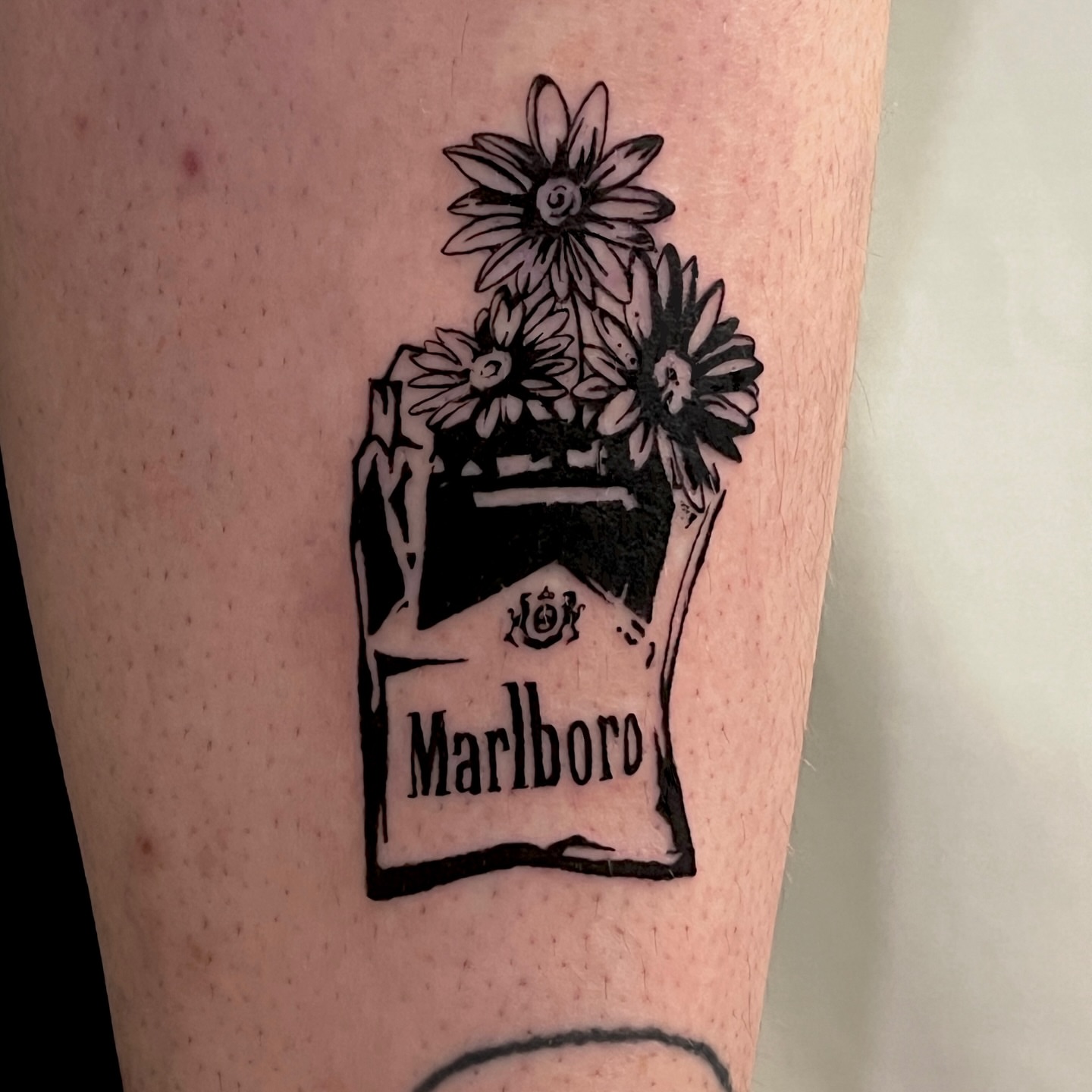 Marlboro cigarette black and grey tattoo on the forearm by Koreatattoo Seoultattoo hongdaetattoo 서울타투