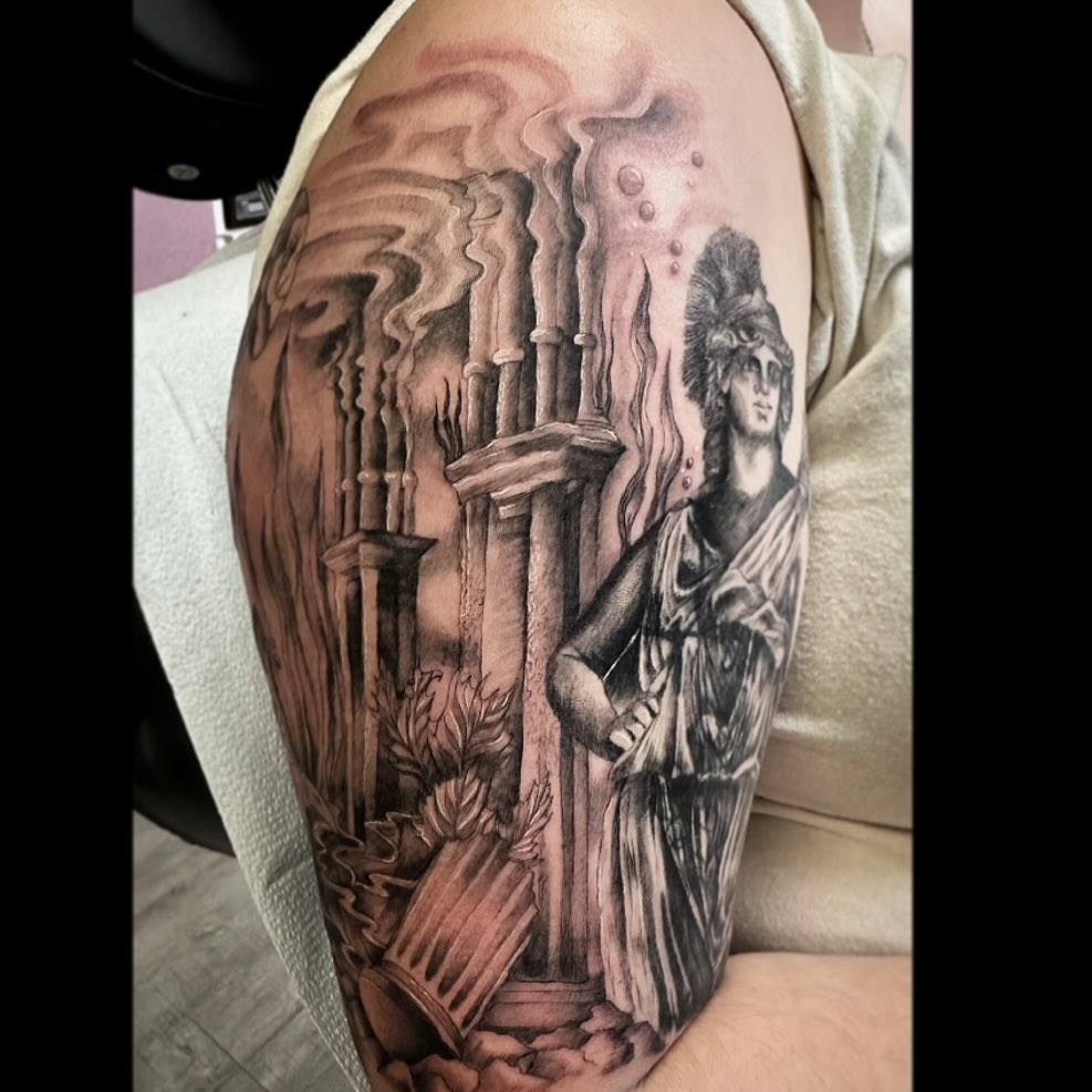 Statue with organ pipes realism tattoo on the forearm by 🌜🔮✨Anya Casey✨🔮🌛