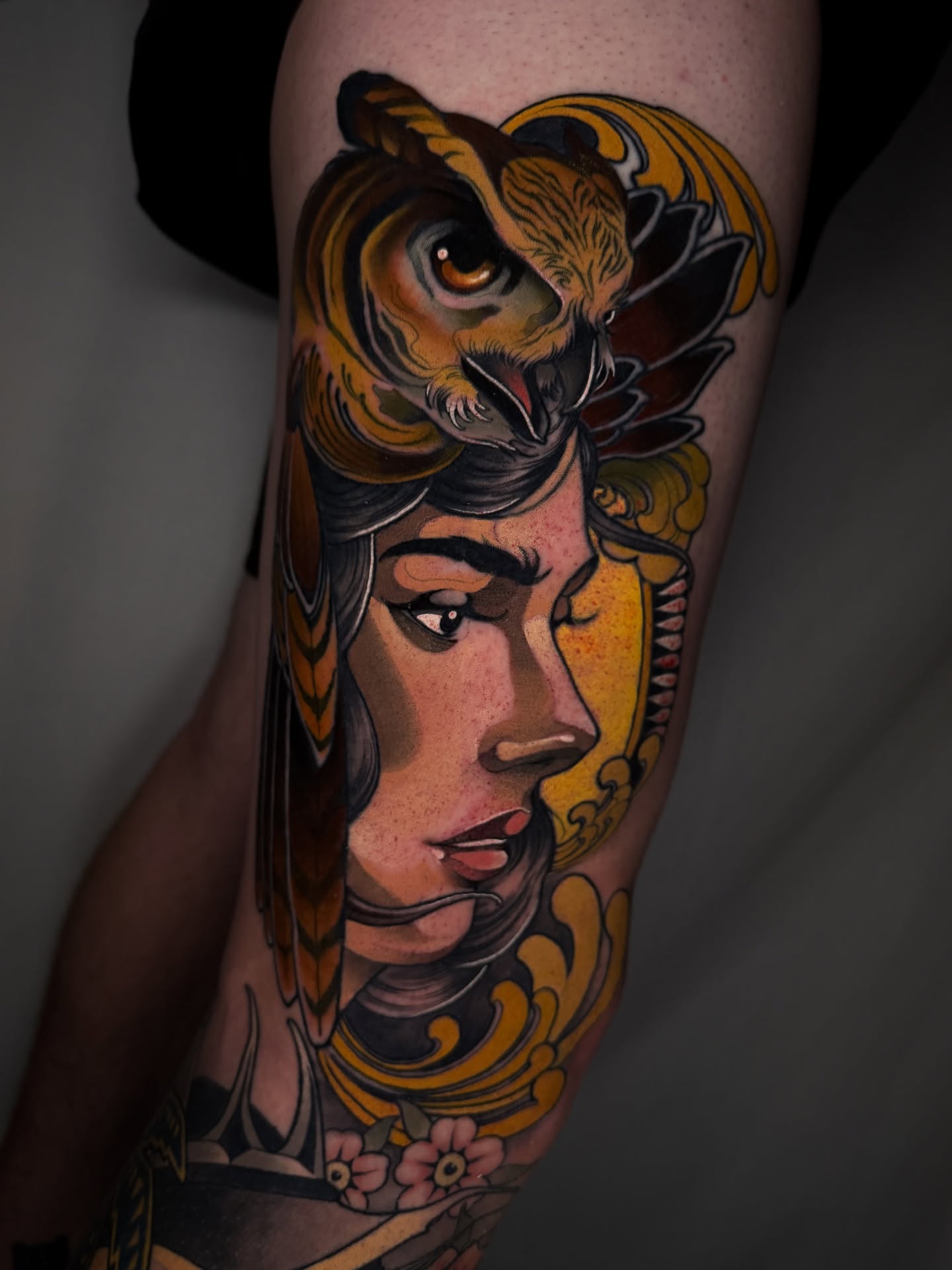 Woman with owl American traditional tattoo on the forearm by Neotrav Tattoos