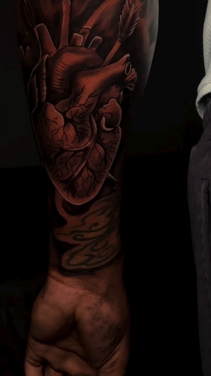 Anatomical heart with compass and text realism tattoo by Thomas