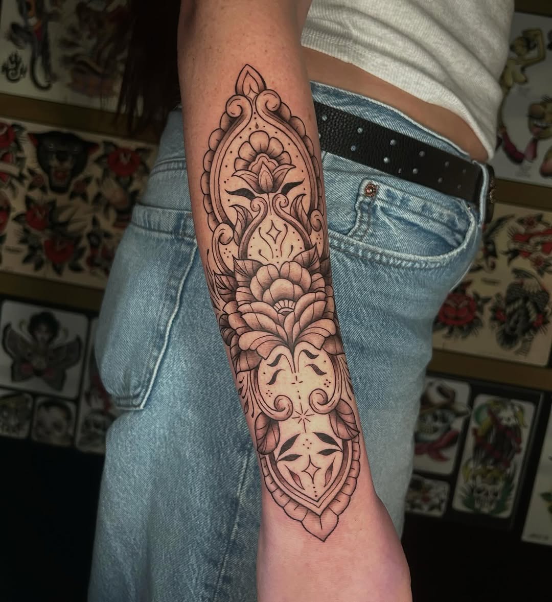 Tattoo by @tattoosbykass — ornamental, black_and_grey
