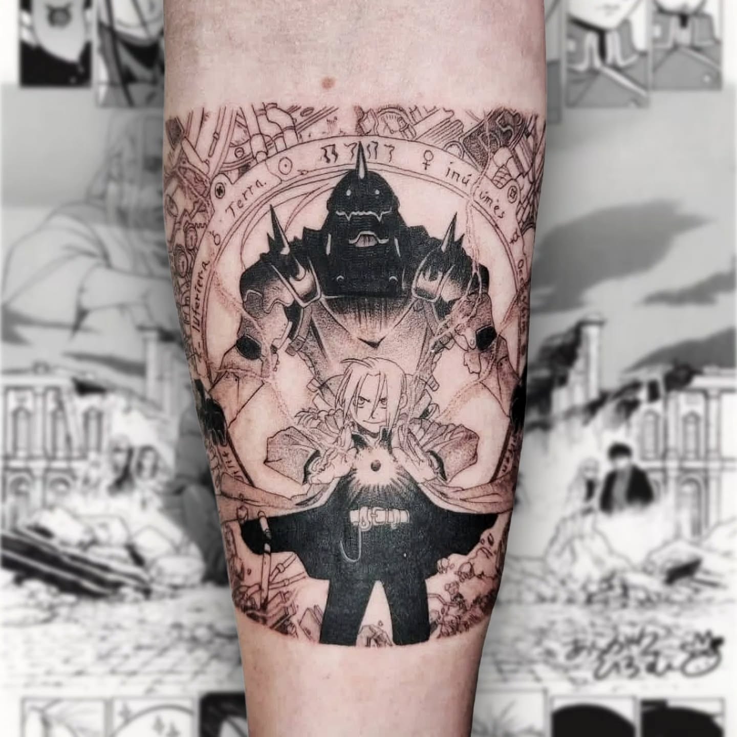 Fullmetal alchemist anime tattoo on the forearm by Charlie Woodman