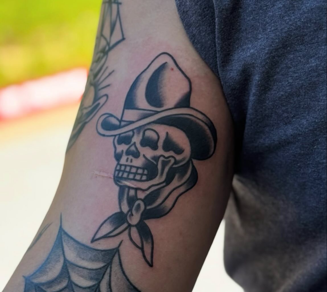 Cowboy skull American traditional tattoo on the forearm by Brent G