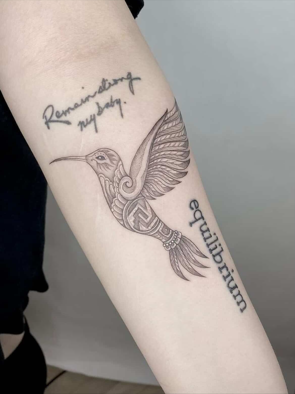 Hummingbird black and grey tattoo on the forearm by Carmen Figueroa, New York, New York