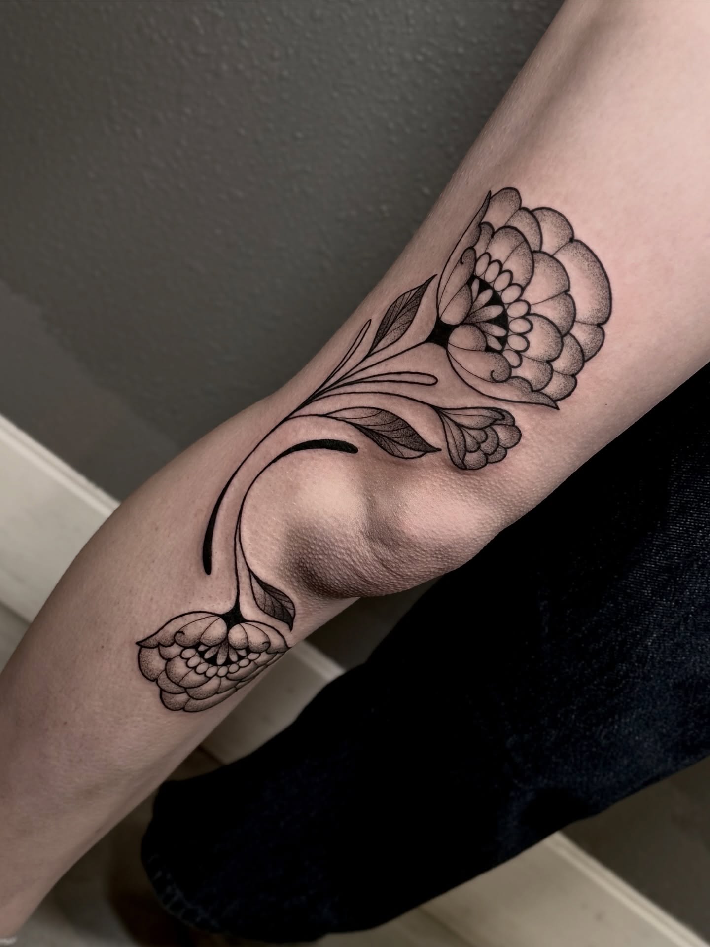 Peony flowers black and grey tattoo on the forearm by ♡ Erika Soya ♡