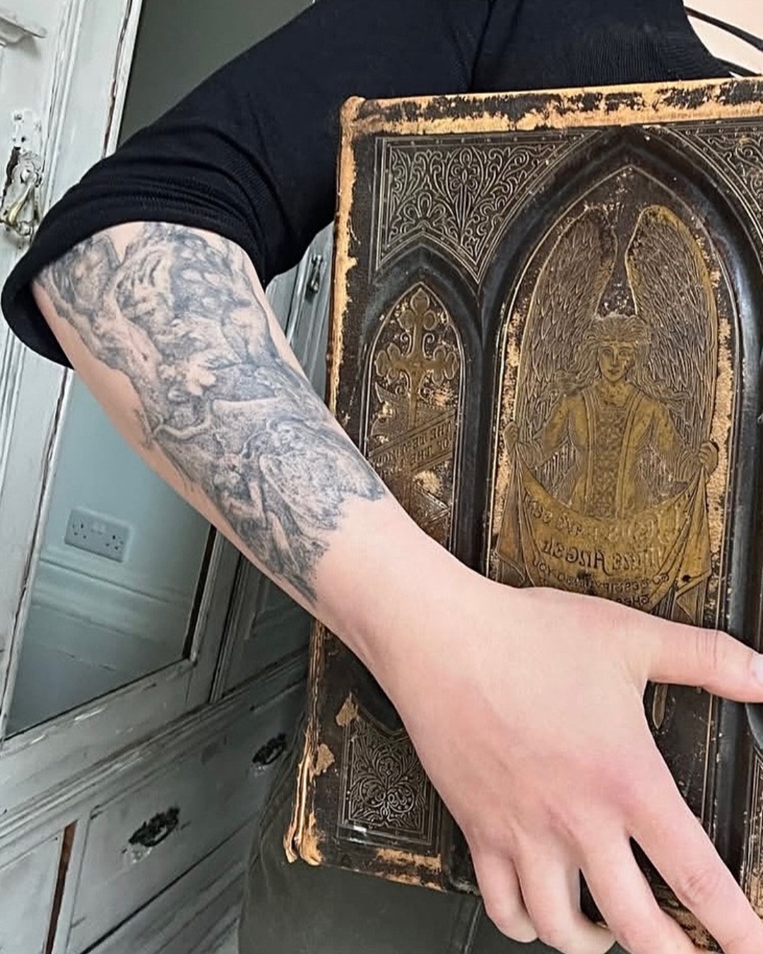 Angel black and grey tattoo on the forearm by Gregory Bramble Tattoo ๐ด๓ ง๓ ข๓ ฅ๓ ฎ๓ ง๓ ฟ