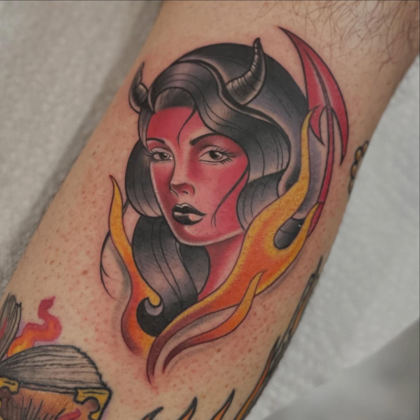 Female devil American traditional tattoo on the forearm by ๐ณ๐๐๐๐ข ๐ต๐๐๐๐๐๐