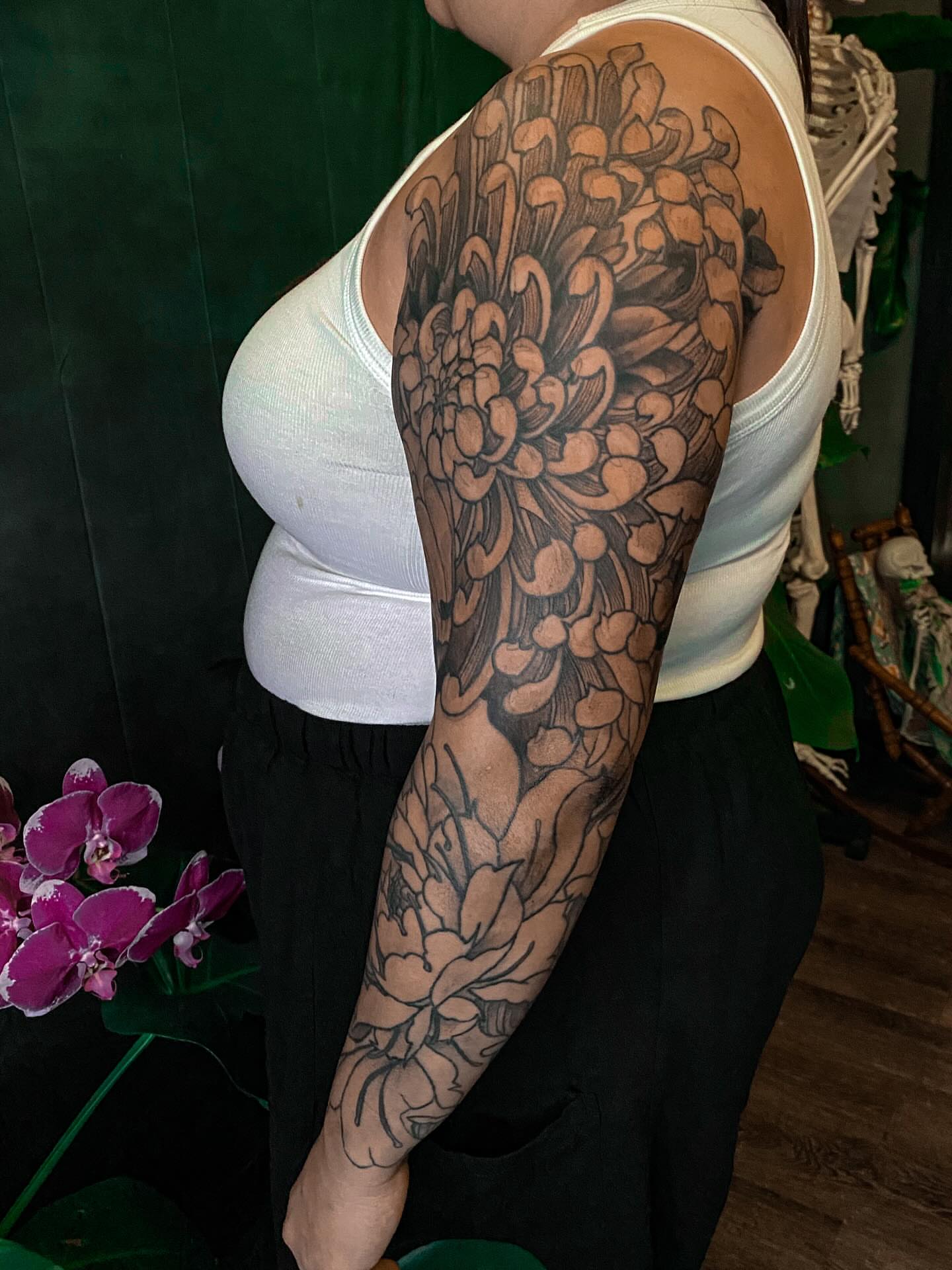 Chrysanthemum black and grey tattoo on the upper arm by ✥ G i t t a ✥