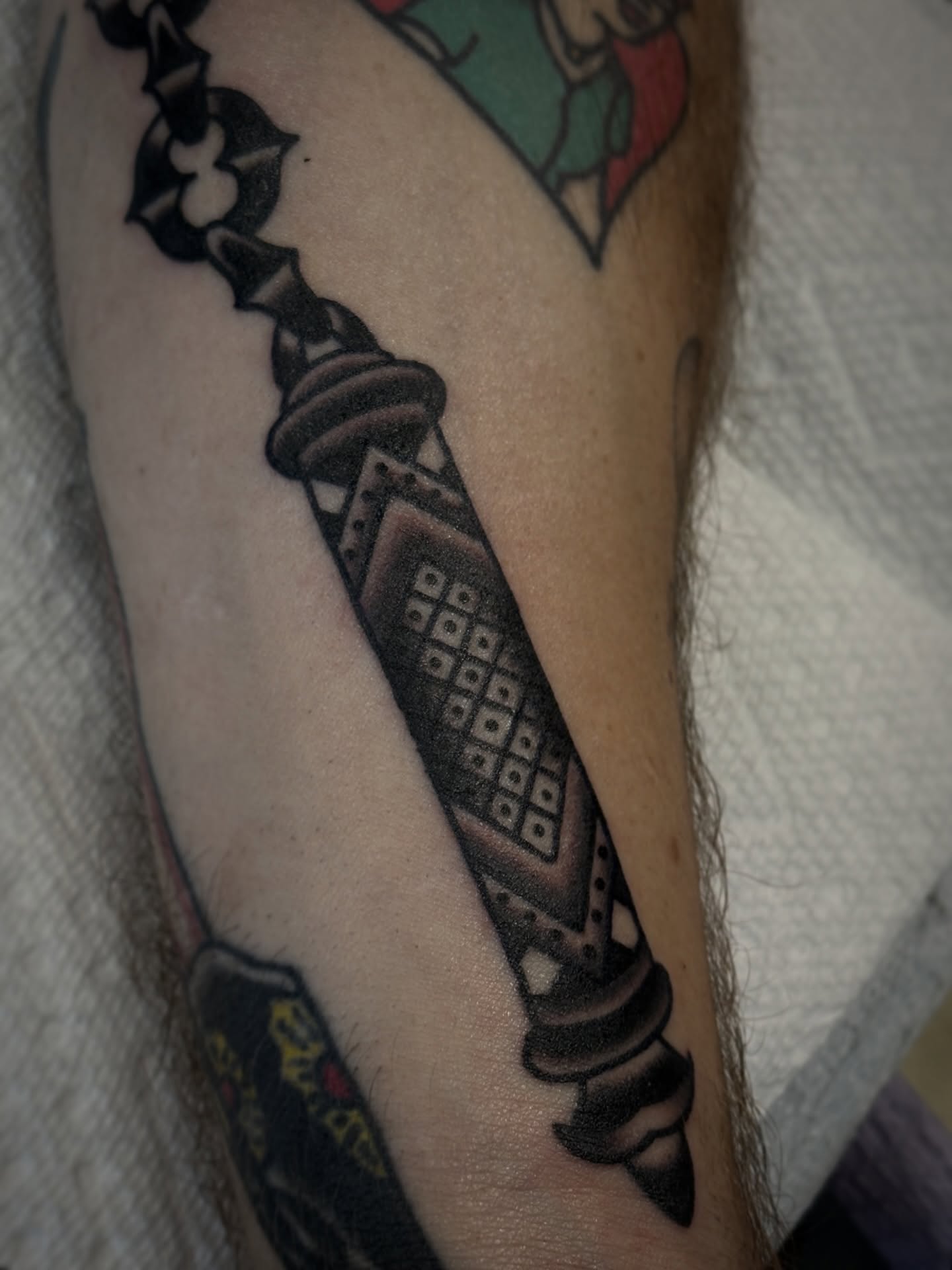 Keyboard black and grey tattoo on the forearm by Carlos Gonzalez Tattoo, Dallas, Texas