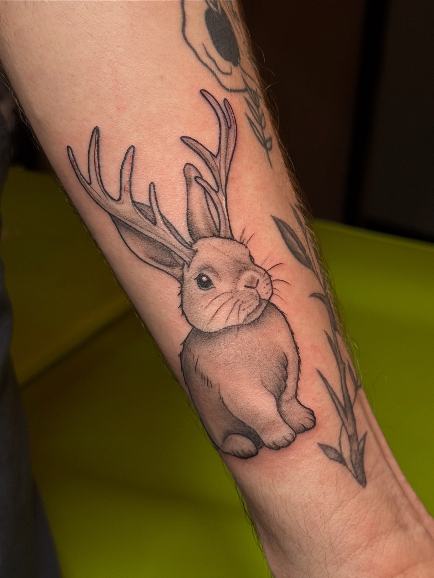 Rabbit with antlers black and grey tattoo on the forearm by Lily Bejarno