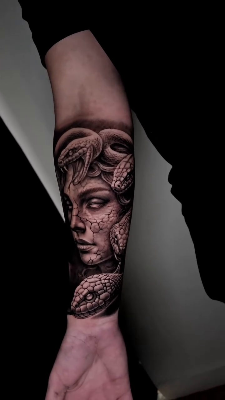 Medusa portrait with snakes realism tattoo by Cipri Suciu