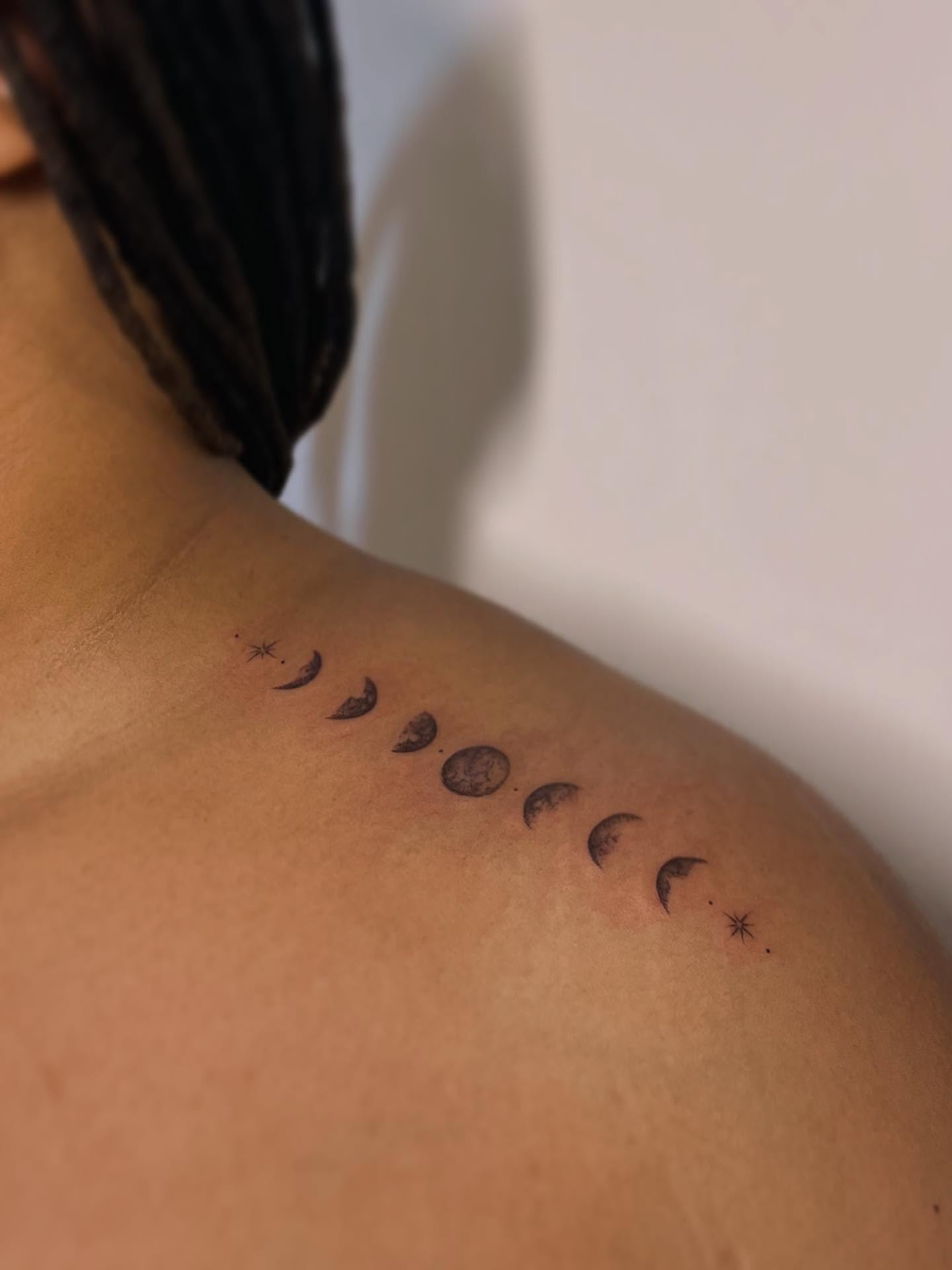 Phases of the moon dotwork tattoo on the shoulder by Shamalee Delacruz✨