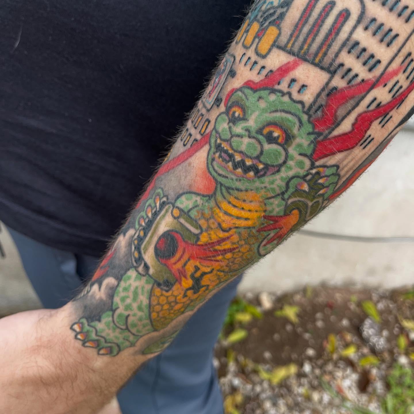 Monster American traditional tattoo on the forearm by Ian Bederman, Austin, Texas