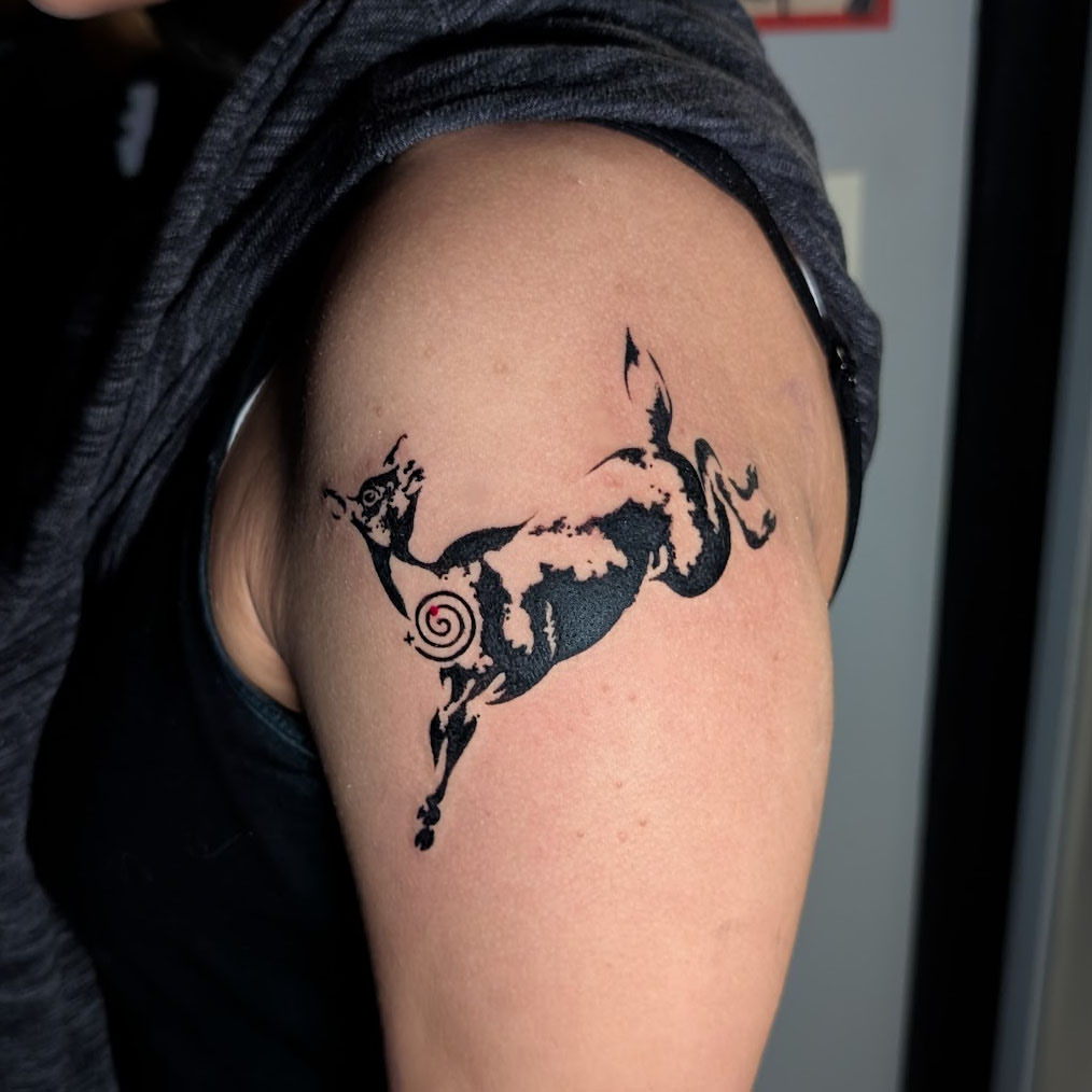 Bull black and grey tattoo on the shoulder by Dave Chercourt, Willoughby, Ohio