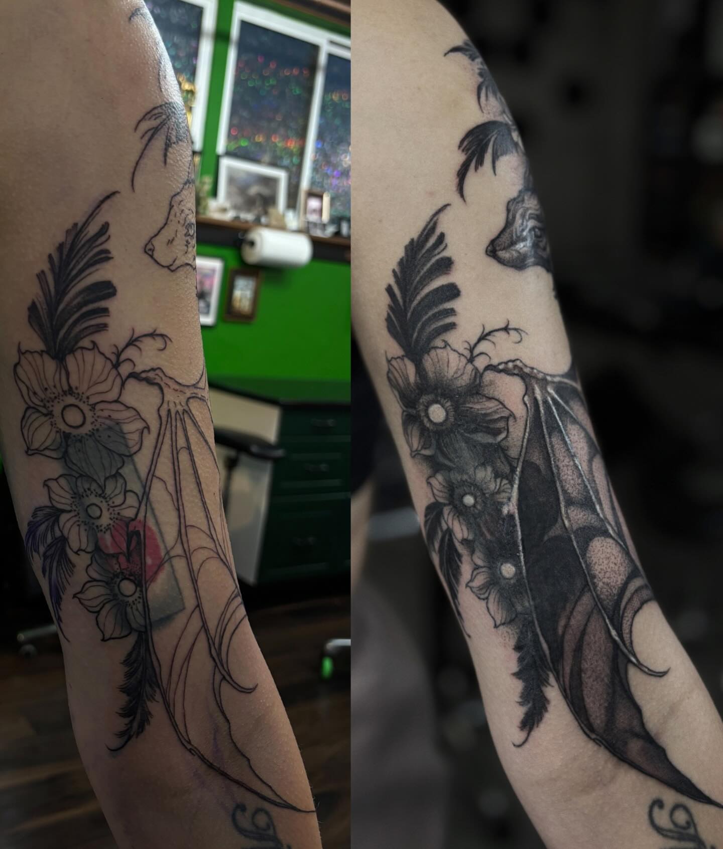 Flowers and feathers black and grey tattoo on the forearm by ๐๐ช๐ฒ๐ต๐ฎ๐ ๐๐ช๐ฎ๐ฝ๐