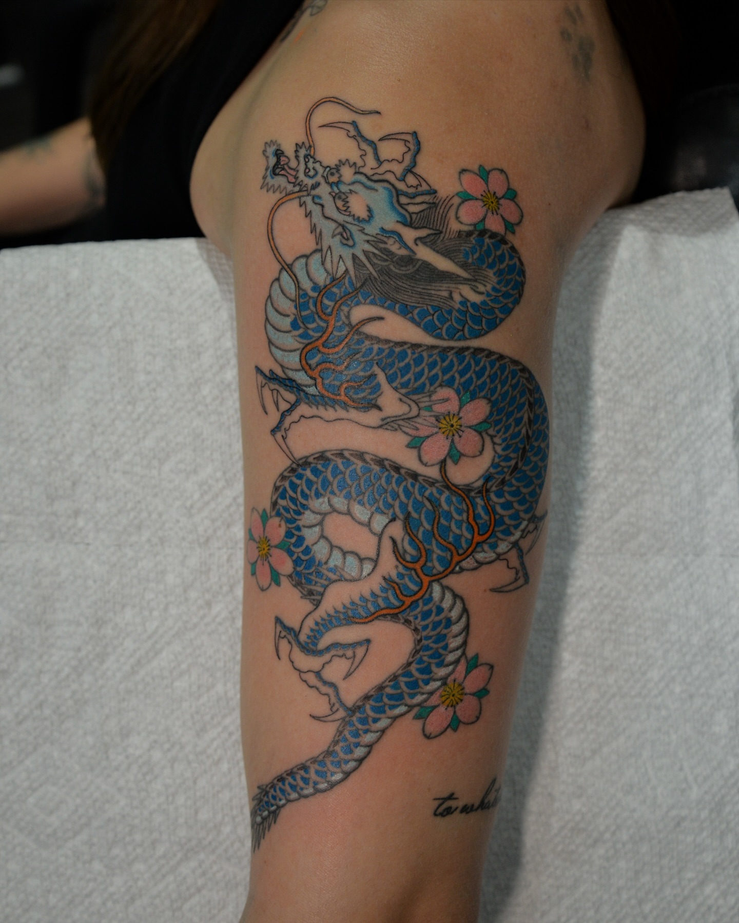 Dragon and cherry blossoms japanese irezumi tattoo on the forearm by zak brochu, Windsor, Ontario