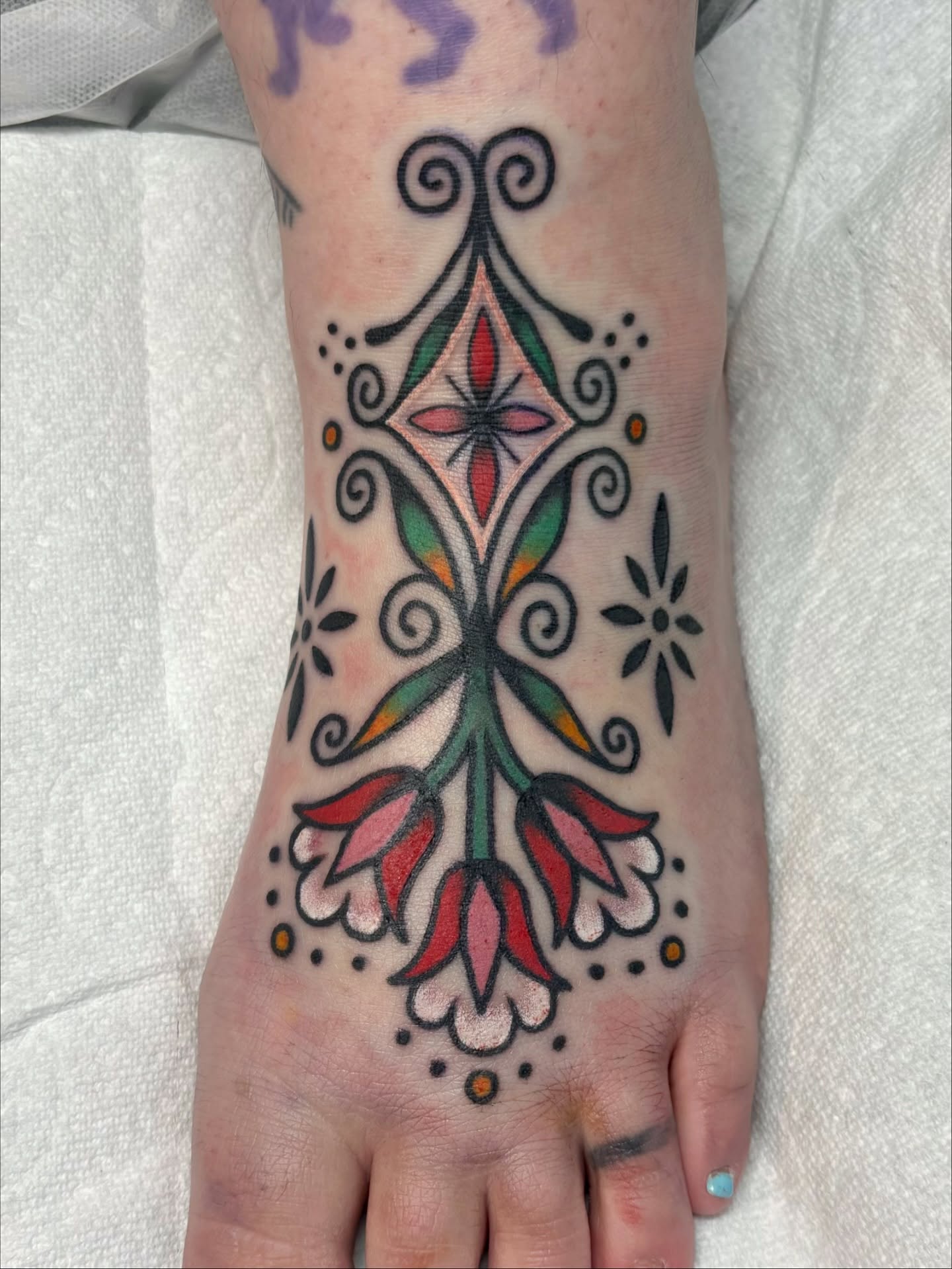 Geometric floral pattern geometric tattoo on the foot by edith🌷, Murfreesboro, Tennessee
