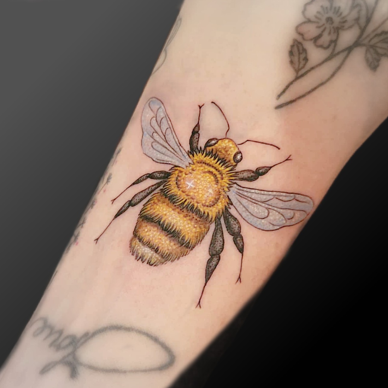 Bee realism tattoo on the forearm by Arick Reese